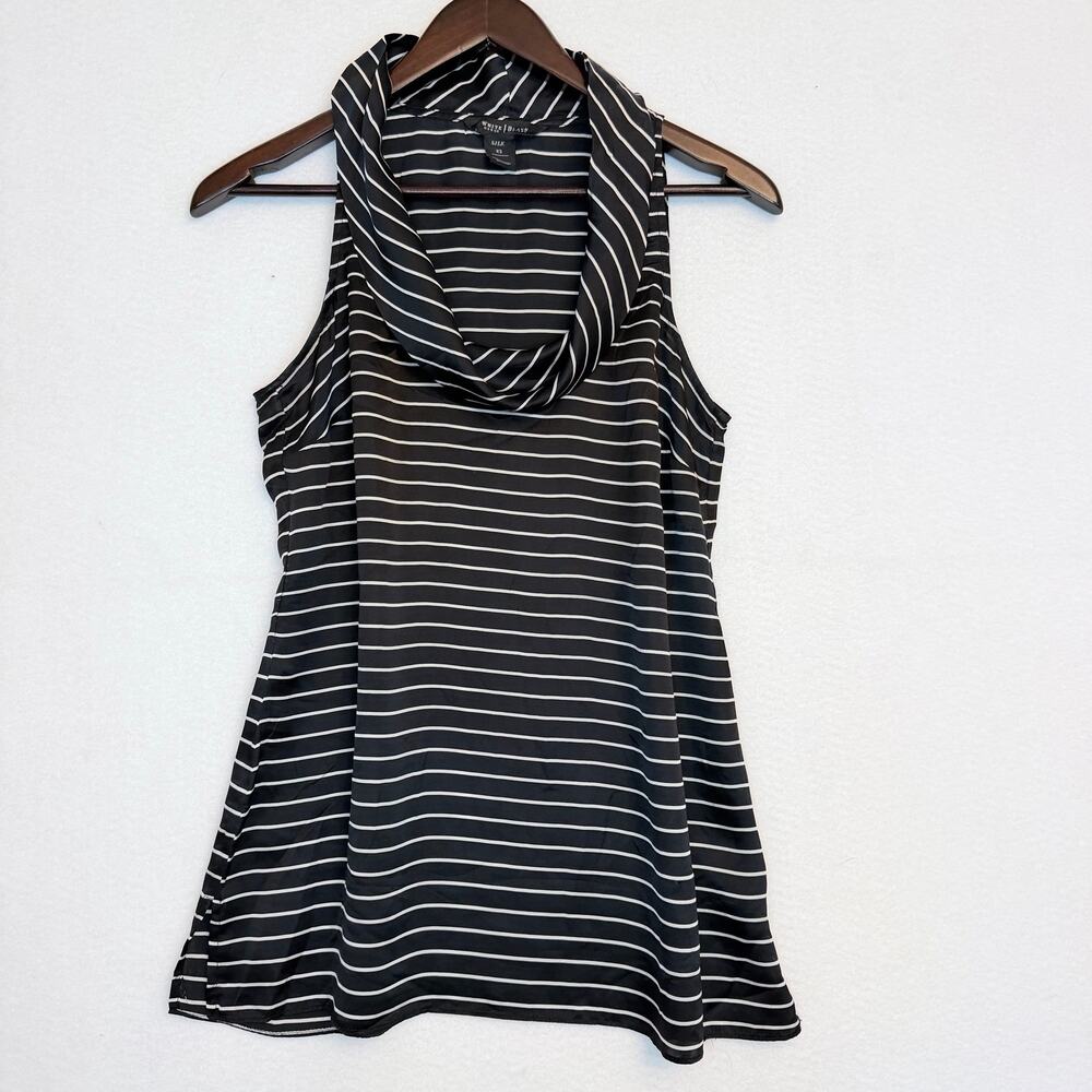 White House Black Market Womens XS 100% Silk Black White Stripe Cowl Neck Top